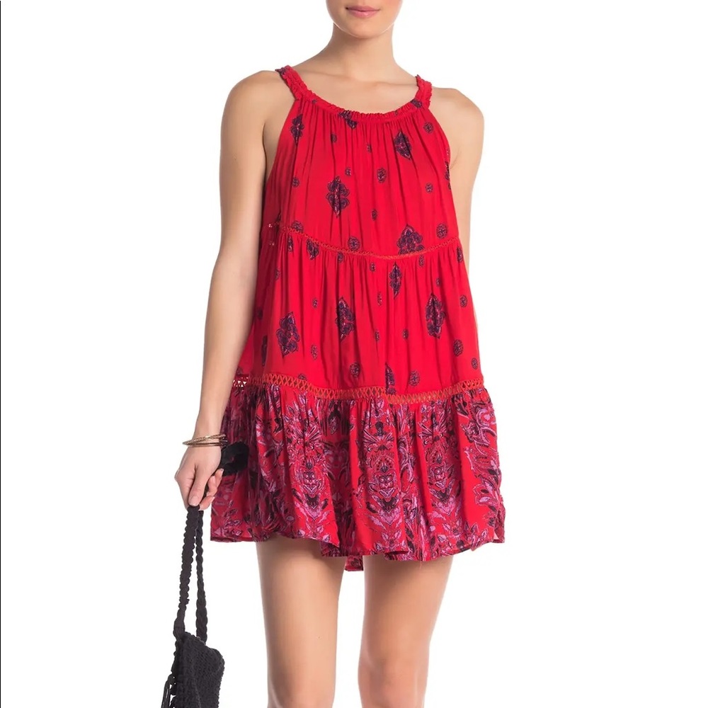 Red Printed Sleeveless Tiered Mini Dress